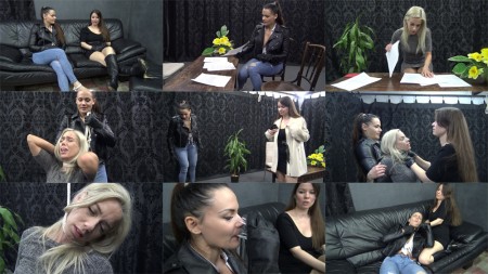 Surprised by the business partner - Catherine is hired to take photos of Sophies business partners documents. She sneaks into the room, but she is surprised by Milena. Milena attacks Catherine, then calls Sophie for help...
-------------------------------------------------------
CHOKING, NO BLOOD, LEATHER CLOTHES, BOOTS, CHOKING WITH GLOVES, BAGGING, LEATHER GLOVES, FIGHTING SCENE