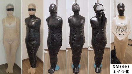 Xiaomeng Tape Mummification Practice - I have been practicing mummification using electrical tape recently. Of course, it is not difficult to wrap a mummy, but to create a smooth and shining tape surface needs quite some skills. Thanks to Xiaomeng, I can do this all day.

This video shows how far Ive got now. Xiaomeng was put inside a sleep sack stocking as her protective layer, then was wrapped by black electrical tape from ankles to neck. Later on, her feet and head were also wrapped, and the only open slit was at her nose. Anyway, she had to keep breathing fresh air to survive. Although still far from perfect, I was satisfied with her black expressionless face.

Naturally, the fun wouldnt simply stop here. I put her next to a pole and wrapped her to it, so that she cant escape from the next breathplay joys, or torments. Another piece of tape can seal her breath with nearly no air staying in her lungs, and a swim cap allowed her to rebreathe her own air a little bit, only prolonging her suffering. A gas mask with a rebreather bag gave more visual feedback: The lens of the gas mask were getting increasingly damp, and the internal fog was becoming thicker and thicker, which indicated how stale the air was inside the gas mask and the rebreather bag.

When I finally rescued her from her cocoon, she was completely wet in her sweat from head to toe.