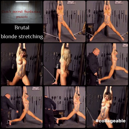 Brutal blonde stretching FHD - The slender blonde will be stretched very much today. Her hands are handcuffed and secured from above, and there are ropes on her legs, by which she will be stretched in different directions. The fat man stretched her legs very much, and the blonde suffers, writhing as much as possible, because her muscles are very stretched. But this is not enough for the fat man, and he stretches the beauty even more. Then he whips her, beats her with a stick. He gets a lot of pleasure from watching the stretched blonde.